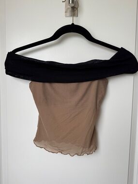 Off-Shoulder Two-Tone Sheer Top - Black & Taupe